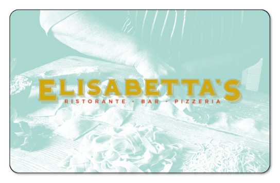 Elisabettas Ristorante logo in gold on a mint tinted background image of a chef making pasta.